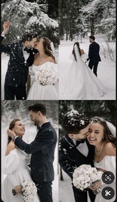 a bride and groom kissing in the snow with trees all around them, surrounded by snow flakes