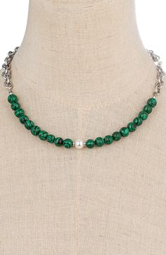 Silvery chains, polished stone beads, and a single imitation pearl surround your collar on this chic day-to-night necklace. Lobster clasp Silvertone plate, malachite stone, imitation pearl Imported Stone Bead Necklace, Night Necklace, Crochet Beaded Necklace, Malachite Necklace, Pearl Stone, Stone Beaded Necklace, Malachite Stone, Bead Jewellery, Chains Jewelry