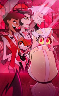 an animated cartoon character with red eyes and two other characters in front of pink background