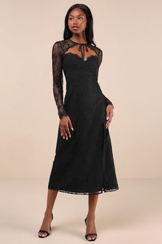 Heads will turn wherever you go wearing the Lulus Desirably Dramatic Black Lace Long Sleeve Cutout Midi Dress! This stunning dress boasts an overlay of gorgeous floral lace that shapes sheer long sleeves and shoulders with slender ties at the front and back, creating a crew-like effect at neckline. Cutout details and eyelash lace trim lend a flirty effect, atop a bodice with seamed cups and a sweetheart silhouette. Fitted waist tops a figure-skimming skirt that ends at a midi hem with a side sli Midi Dress Lace, Black Lace Maxi Dress, Cutout Midi Dress, Lace Long Sleeve, Dress With Tie, Lace Maxi Dress, Dress 100, Lace Sleeves, Large Size Dresses