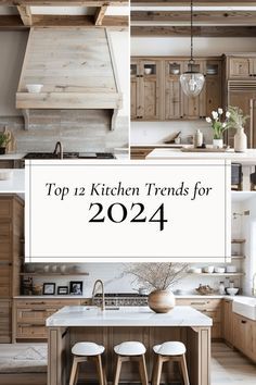 a kitchen with wooden cabinets and white counter tops, in the middle of four photos