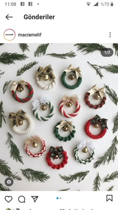 several different types of rings on top of a white surface with pine branches around them