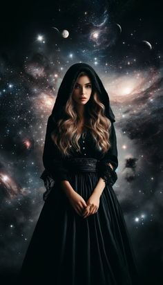 a woman with long hair wearing a black dress and hoodie standing in front of stars