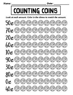 counting coins worksheet with numbers to 20 and 30 on each coin in the same row