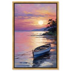 a painting of a boat in the water at sunset