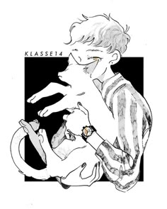 a black and white drawing of a person holding a cat in their lap with the caption kassella