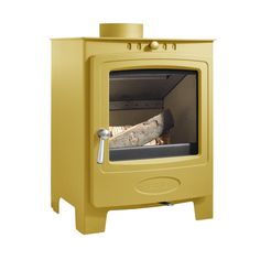 a yellow stove top oven sitting on top of a white floor