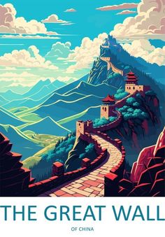 the great wall of china poster with mountains and clouds in the background, on a blue sky