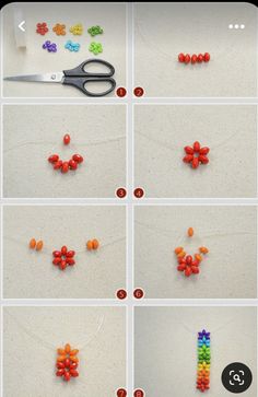 the instructions for making beaded flowers are shown in several different colors and sizes, including oranges, pinks, yellows, and green