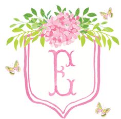 the letter e is surrounded by pink flowers and green leaves, with butterflies around it