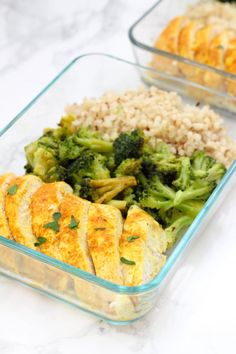 two glass dishes filled with rice, broccoli and chicken