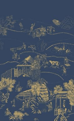 a blue and yellow wallpaper with an image of a farm scene on it's side