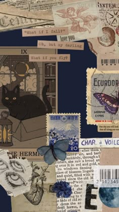 a collage of different types of stamps and papers with cats, butterflies, etc