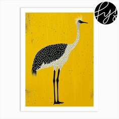 a painting of a bird with black dots on it's head and legs, standing in front of a yellow background