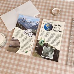 the table is covered with papers, scissors and other crafting supplies to make it look like they are traveling around the world