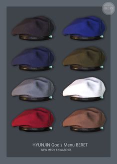 six hats with different colors are shown