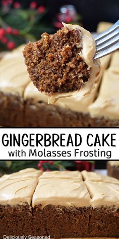 A double collage photo of gingerbread cake with molasses frosting. Fika Recipes, Molasses Frosting, Moist Gingerbread Cake, Gluten Free Gingerbread Cake, Moist Gingerbread, Gingerbread Dessert, Batch Baking, Gluten Free Gingerbread