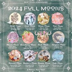 the full moon calendar is shown in watercolor and has nine phases for each month