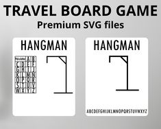 a white sign that says hangman and hangman with the words travel board game on it