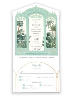 the wedding stationery is designed to look like an arch with palm trees on it