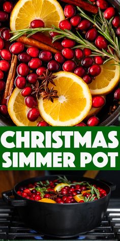 christmas pot with cranberries, oranges and spices in it on the stove