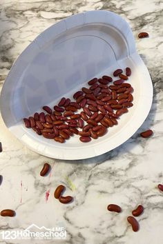 a paper plate filled with almonds on top of a marble counter