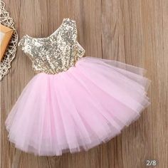 What Little Girl Wouldn’t Feel Like A Little Princess In This Precious Dress. Perfect For An Upcoming Birthday Party, Daddy/Daughter Dance, Wedding, Or For A Girl Dress. Gold Sequin Bodice Has An Open Back With A Button At Top. Pink Tulle Skirt Has A Cotton Lining And A Satin Tie In The Back Girls Baptism Dress, Tulle Tutu Dress, Patchwork Sleeve, Princess Kids, Girl Sleeves, Fancy Wedding Dresses, Fancy Wedding, Princess Dresses, Girl Princess Dress