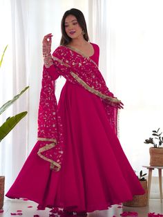 Premium Festive Wear Anarkali Suit Collection Processing Time : 7 Business Days Work : Embroidered Sequins With Zari Work  Fabric:Top : Heavy Pure Soft Fox Georgette Bottom : Micro Cotton Dupatta : Pure Fox Georgette Color:Top : Rani Pink Bottom : Rani Pink Dupatta : Rani Pink Georgette Anarkali Dress, Pink Suits Women, Red Anarkali Suits, Pink Anarkali Suits, Anarkali Designs, Georgette Anarkali Suits, Red Anarkali, Designer Anarkali Dresses, Georgette Anarkali