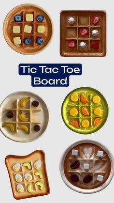 four plates with different types of food on them and the words tic tac toe board