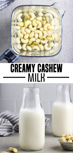 creamy cashew milk in a glass jar and two jars filled with cashews