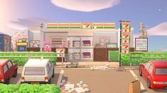 an animated view of a fast food restaurant with cars parked in the parking lot next to it