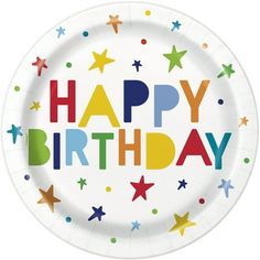 happy birthday paper plate with stars and confetti on the bottom that says happy birthday