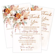 three thank cards with orange flowers and leaves on them, one is for someone's special day