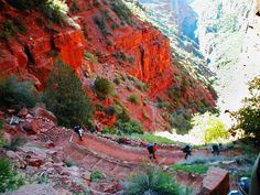 several people hiking up the side of a mountain with red rocks and green vegetation on either side