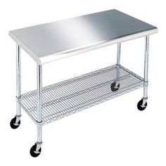 a stainless steel table with two shelves on wheels