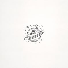 a black and white drawing of saturn with stars