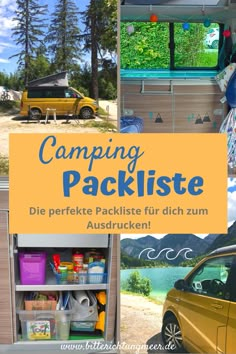 a yellow car parked in front of a camper with the words camping packliste written on it