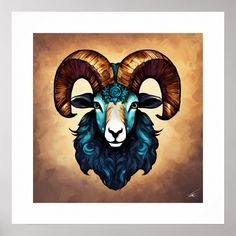 a painting of a ram with long horns