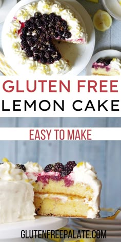 two pictures with the words gluten free lemon cake on them