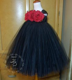 "\"Rose Garden Collection\"...Our Ramona tutu dress in black and red features our signature empire bodice and is made with premium quality made in the USA tulle. DRESS IS FULLY LINED so there's no need for a slip. Tulle is hand tied directly onto a crochet band giving you a dress that is very full and princess like. Bodice is adorned with three quality roses. Wide satin ribbon is used for shoulder straps giving the illusion of cap sleeves and tie into an oversized bow. Shoulder straps are adjust Nbc Wedding, Flower Girl Dress Black, Black Tutu Dress, Red Tutu Dress, Empire Style Dress, Floppy Bunny, Black Flower Girl Dress, Black Tulle Dress, Red Tutu