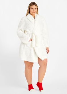 An ultra cozy plus size robe by YMI that feels like one giant hug. This essential sleepwear piece features a soft sherpa material and fuzzy socks for a plus set. Winter White Sleepwear For Relaxation, White Winter Sleepwear For Relaxation, Cozy White Sleepwear For Fall, White Cozy Winter Sleepwear, Cozy White Winter Sleepwear, Cozy Robe With Relaxed Fit For Loungewear, Cozy Relaxed Fit Robe For Loungewear, Cozy White Soft Sleepwear, White Comfy Cozy Fit Sleepwear