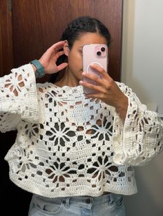 Pre-made, white flower sweater.  Width(shoulder to shoulder): 30 inches Length(neck to bottom): 17.5 inches Length(sleeves):17 inches Neck hole: 15 inches  It is oversized and if I had to guess on the size I would say XL. Crochet White Sweater, Crochet Flower Sweater, Flower Sweater, Crochet White, Pink Ombre, White Crochet, Crochet Flower, White Sweaters, Crochet Art