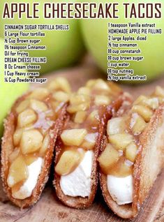 an apple cheesecake tacos recipe on a cutting board