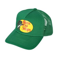 The original air-conditioned cap for the outdoor adventurer! This Bass Pro Shops� Mesh Trucker Cap will keep you cool and comfortable whether you're fishing, boating, mowing the lawn, or just relaxing! Made from 100% polyester with a mesh back for breathability, this fishing hat features a screen-printed Bass Pro Shops logo on the front and is a sharp-looking addition to your hat collection. Imported.    100% polyester;    Cool and comfortable design ;    Mesh back for better breathability;    Screen-printed Bass Pro Shops logo; Bass Pro White Hat, Green Trucker Hat With Flat Bill For Outdoor, Green Trucker Hat For Outdoor Activities, Green Flat Bill Trucker Hat For Outdoor, Green Trucker Hat For Outdoor, Retro Green Snapback Hat For Outdoor, Green Trucker Snapback Hat For Outdoor, Retro Green Baseball Cap For Outdoor, Green Fishing Cap