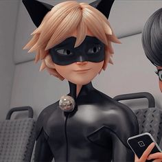 two cartoon characters dressed in catwoman costumes, one holding a cell phone and the other looking at it