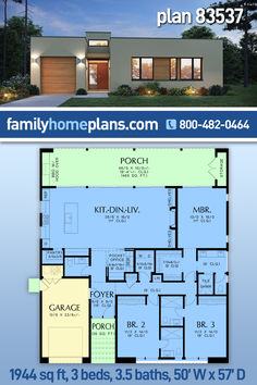 Contemporary or Modern Style House Plan offering 1944 Square Feet, 3 Bedrooms and 4 Bathrooms with a 1 Car, front entry, Garage Garage Outside, Modern Southwest Style, 1 Car Garage, Clerestory Windows, Outdoor Entertainment, Open Space Living, New House Plans