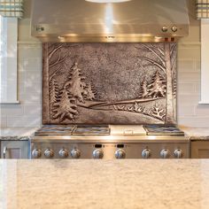 a stove top oven sitting inside of a kitchen next to a wall mounted range hood