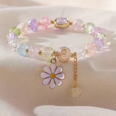 Glass Beaded Bracelet With Daisy Pendant Colorful Glass Beads Daisy Pendant Adjustable Bracelet Gift Ideas Mom, Kawaii Bracelet, Formal Costume, Winter Phone Case, Beaded Daisy, Y2k Winter, Daisy Pendant, Glass Beads Jewelry, Glass Beaded Bracelets