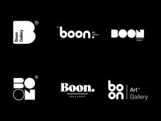 four different logos for art gallerys on black and white background, each with the word boon