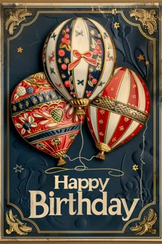 a happy birthday card with two hot air balloons